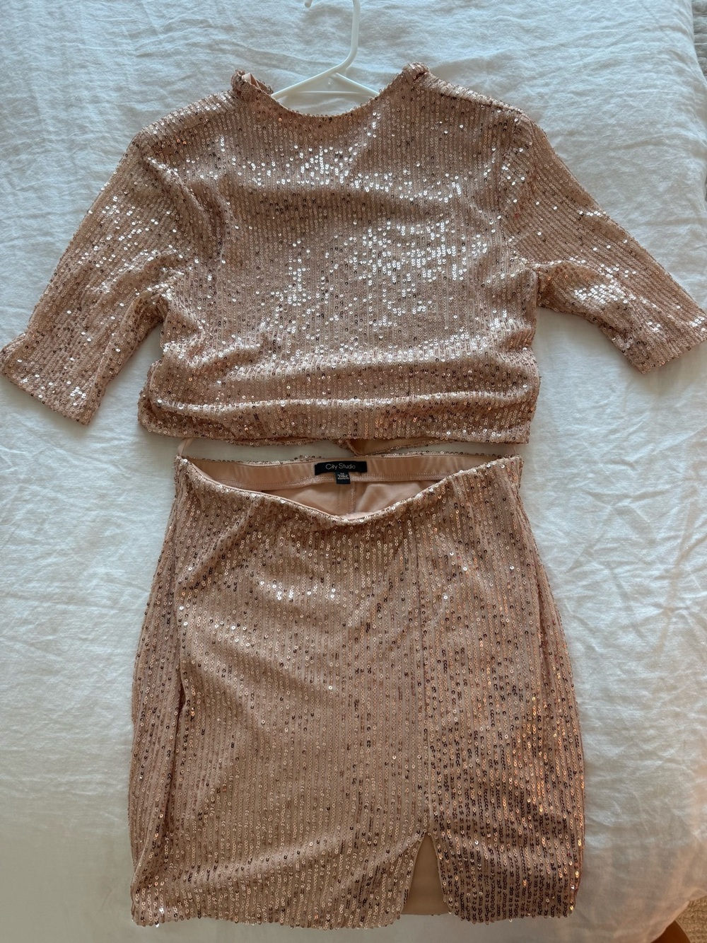 City Studio Rose Gold Sequin Two-Piece Dress Set